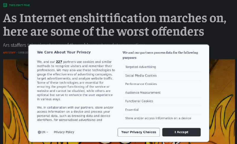 Printscreen of an article on ARS Technica overlayed with a cookie notice asking to let their 227 partners to use your browsing data.